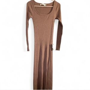 Astr Long Sleeve Ribbed Dress - Brown